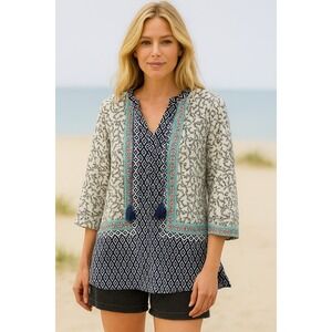 Antilia Femme Boho Peasant Tunic Top Women's Medium Blue White Print Tassel Long